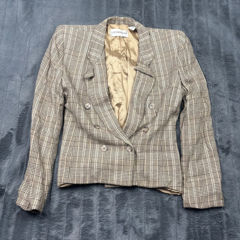 Liz Claiborne Collection Tan Brown Plaid Silk Blend Blazer Jacket Womens Size 8